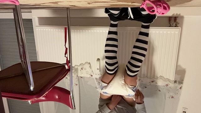 Femboy Escapes Chastity, Wears Wet Diaper Again