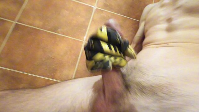 Guy Masturbates Huge Uncut Cock With Gloves