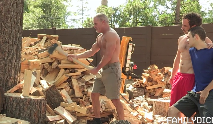 Hairy Daddy Chops Wood and Gets Fucked