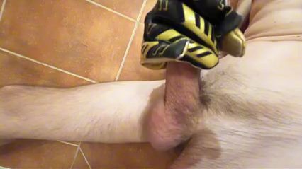 Uncut Cock Masturbation with Gloves