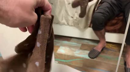 Hairy Guy Jerks Off in Brown Socks